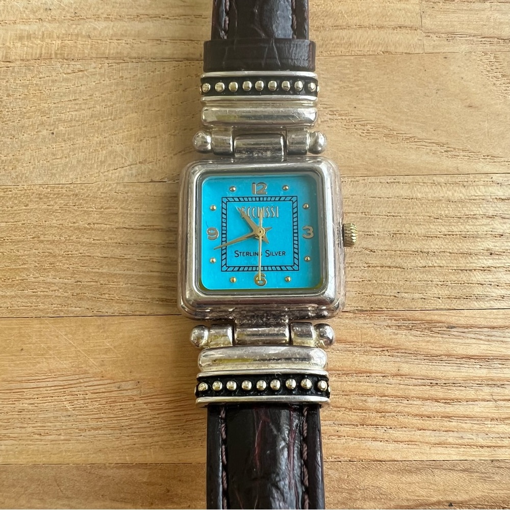 Ecclissi ladies blue square dial Sterling silver brown leather watch NEW BATTERY